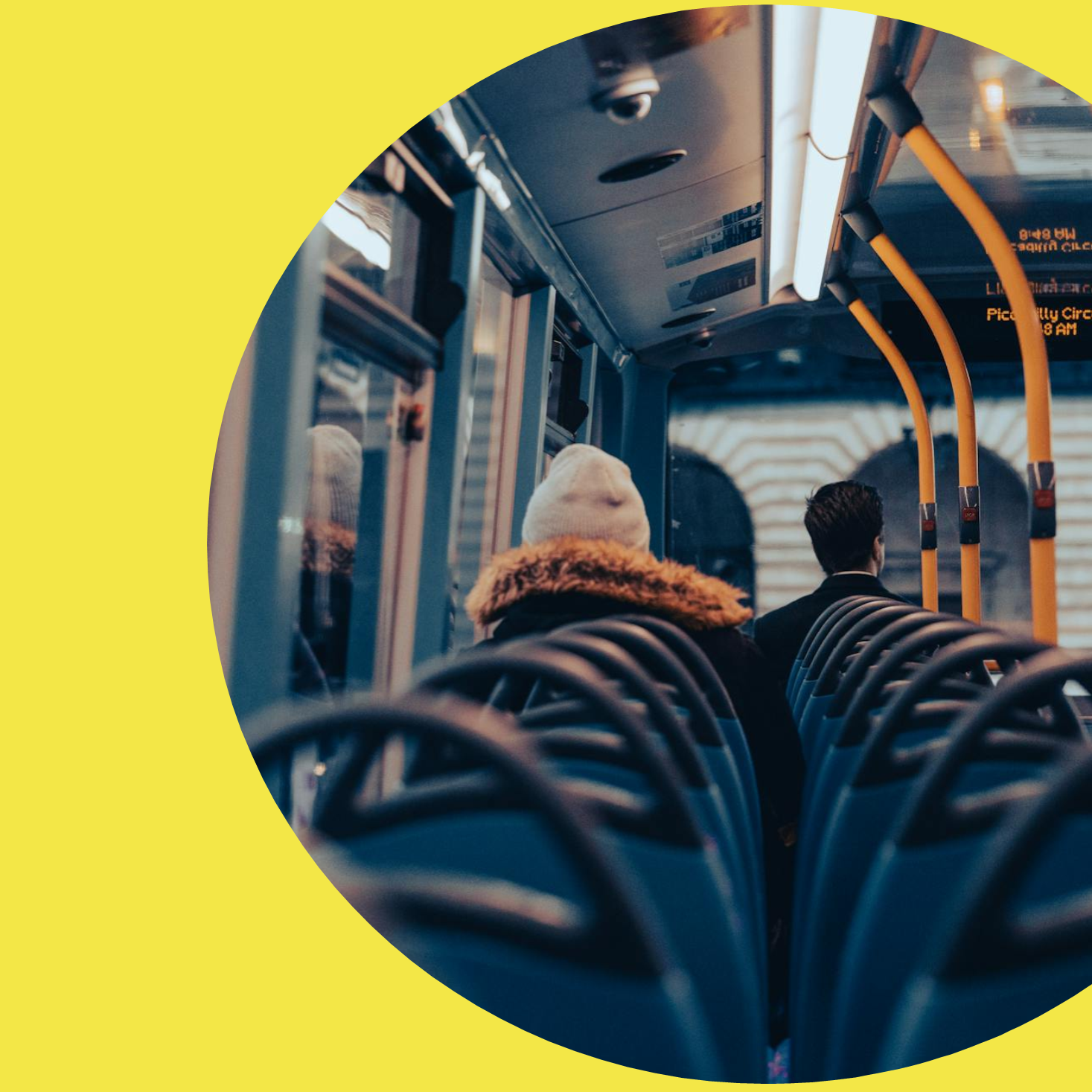 creatividad semicircular de color amarillo en la que destaca una imagen relacionada con el Premio Señalética Inteligente en Transporte Urbano