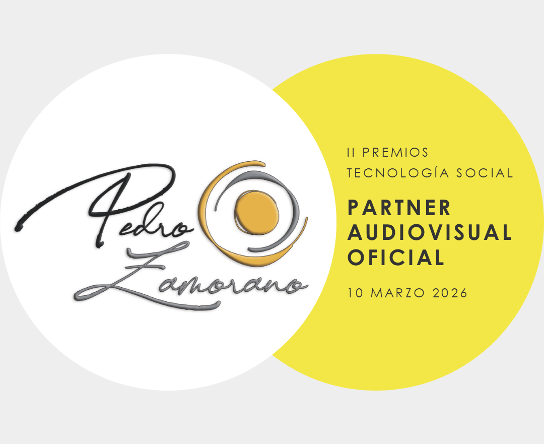 Creatividad desarrollada por el equipo de FUNTESO, Fundación Tecnología Social, en relación a la presentación del Partner Audiovisual Oficial de FUNTESO en los Premios de Tecnología Social 2026: Pedro Zamorano. En la imagen destacan varias figuras geométricas circulares, en una de ellas aparece el logotipo de Pedro Zamorano Fotografía.